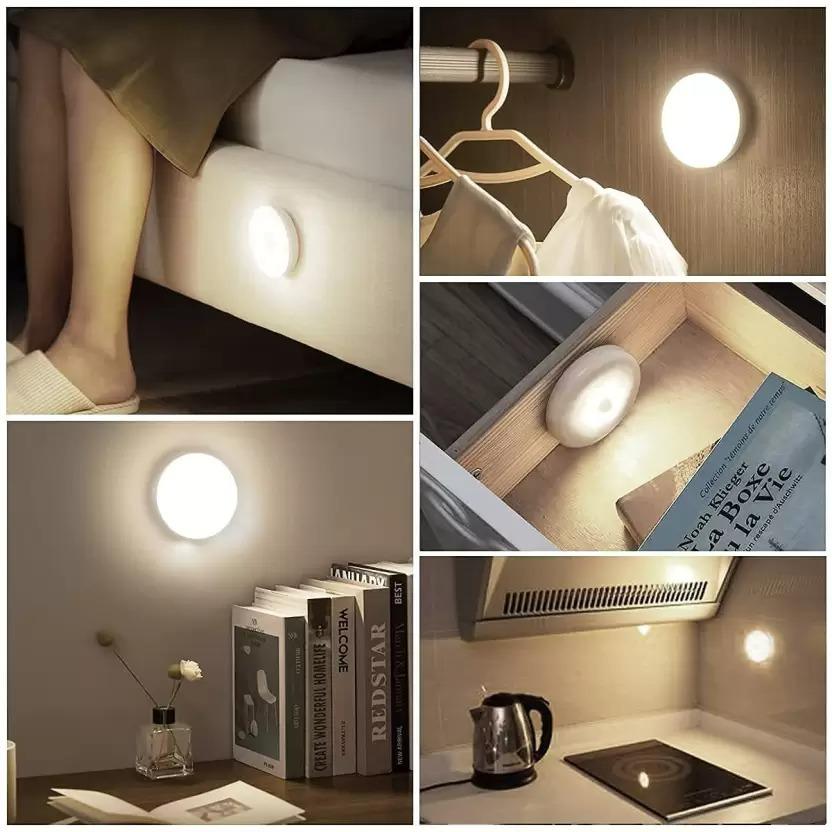 Collage of a round night light in various settings including under a bed, on a hanger, in a drawer, on a bookshelf, and on a kitchen counter.