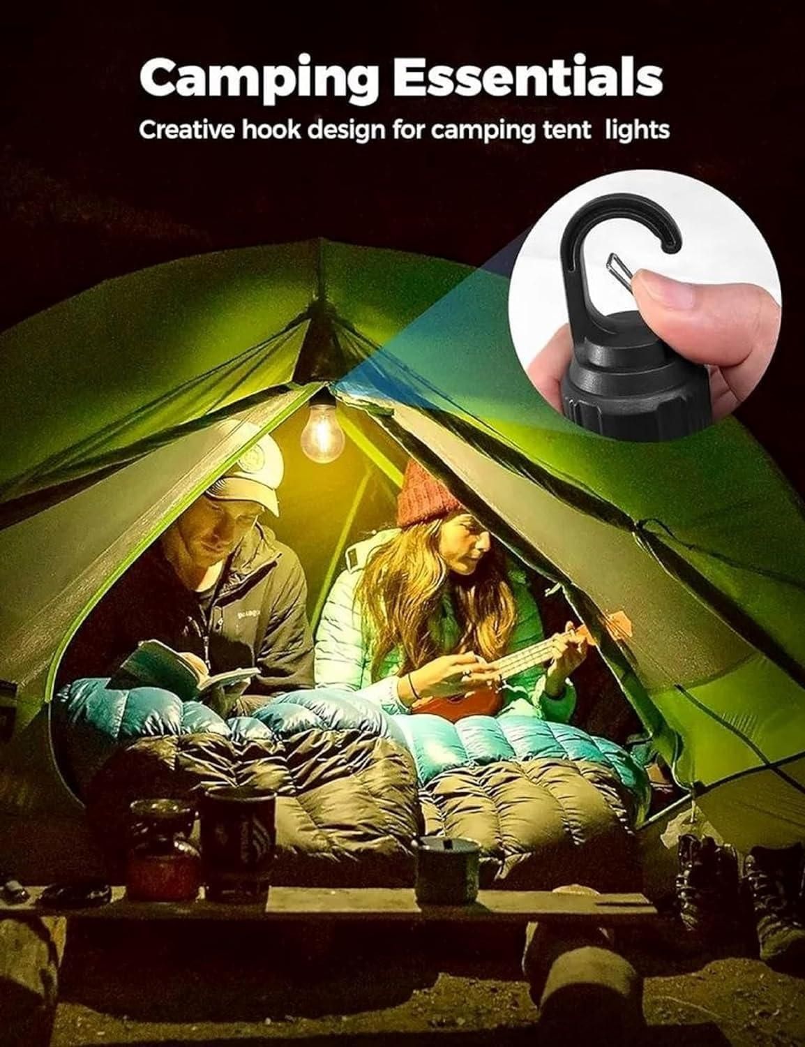 Camping scene with two people inside a tent, highlighting a creative hook design for camping tent lights.