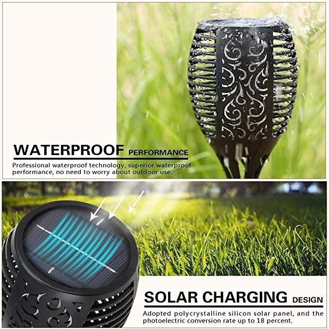 Solar-powered outdoor light fixture with waterproof performance and solar charging design on grass.