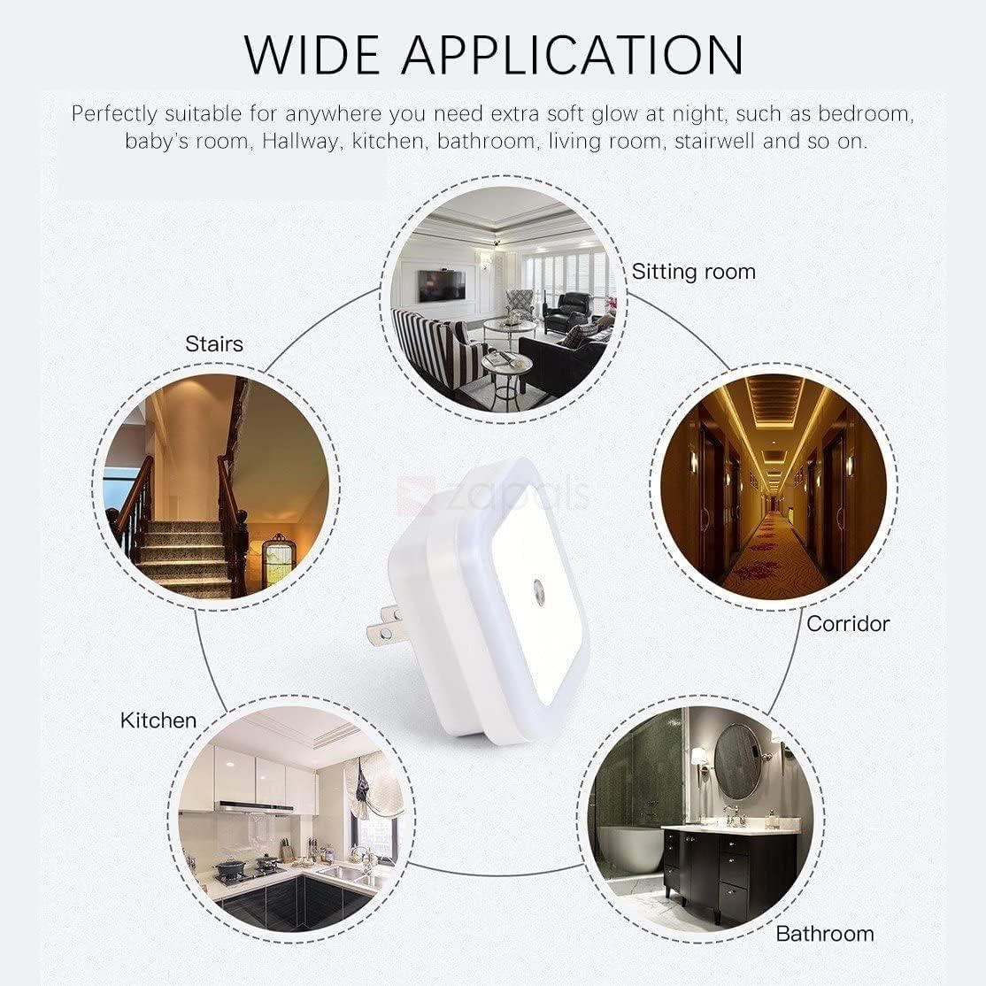 LED light bulb with application scenarios including stairs, sitting room, corridor, kitchen, and bathroom.