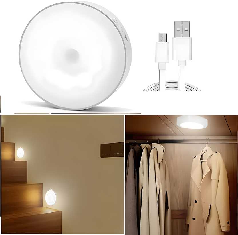 Round LED light fixture, USB cable, and light fixture on a closet ceiling.
