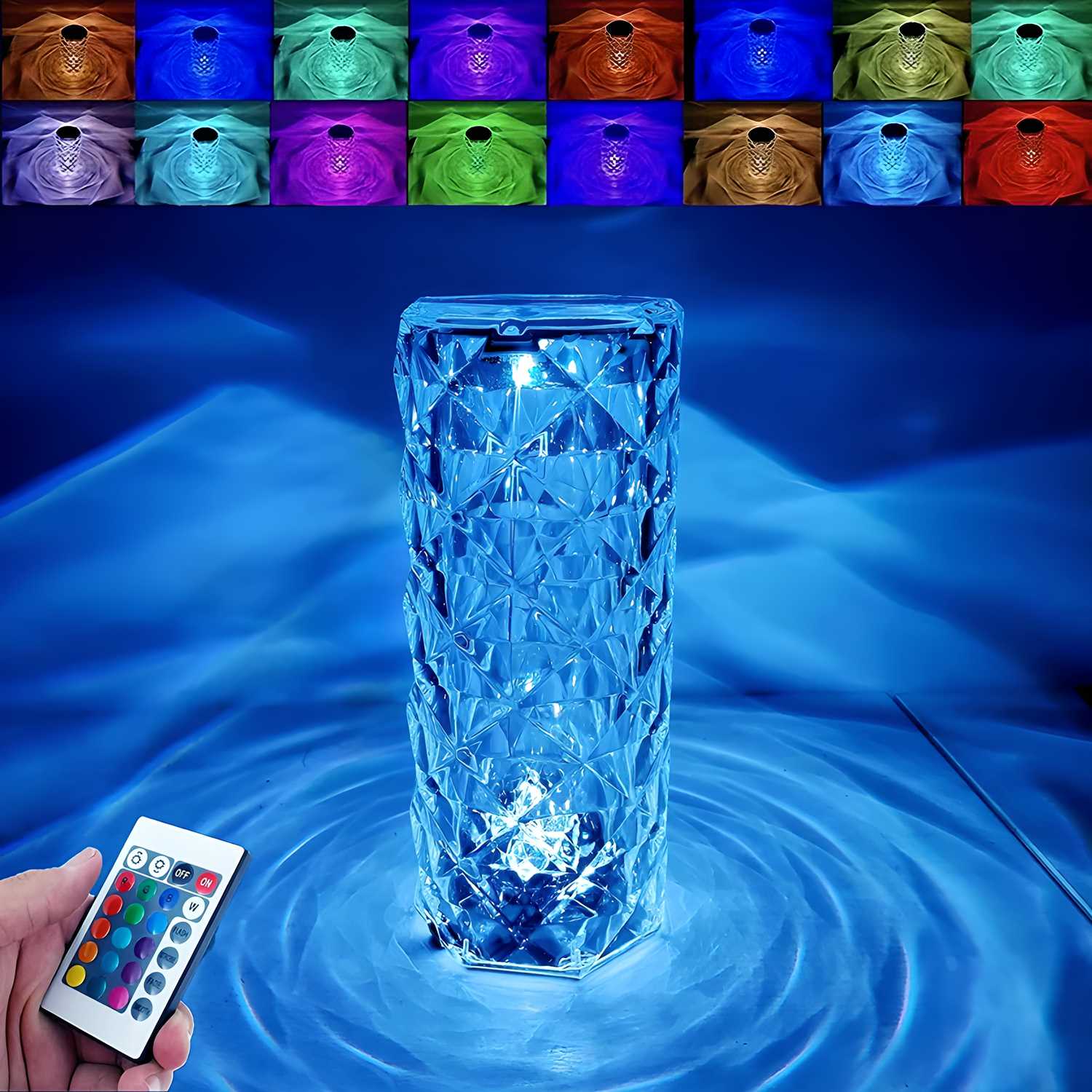 Glass vase with diamond pattern illuminated underwater by a colorful light, held by a hand with a remote control.