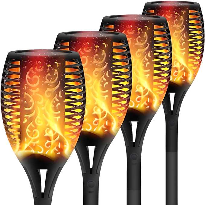 Four solar flame lights with a fiery design on a white background