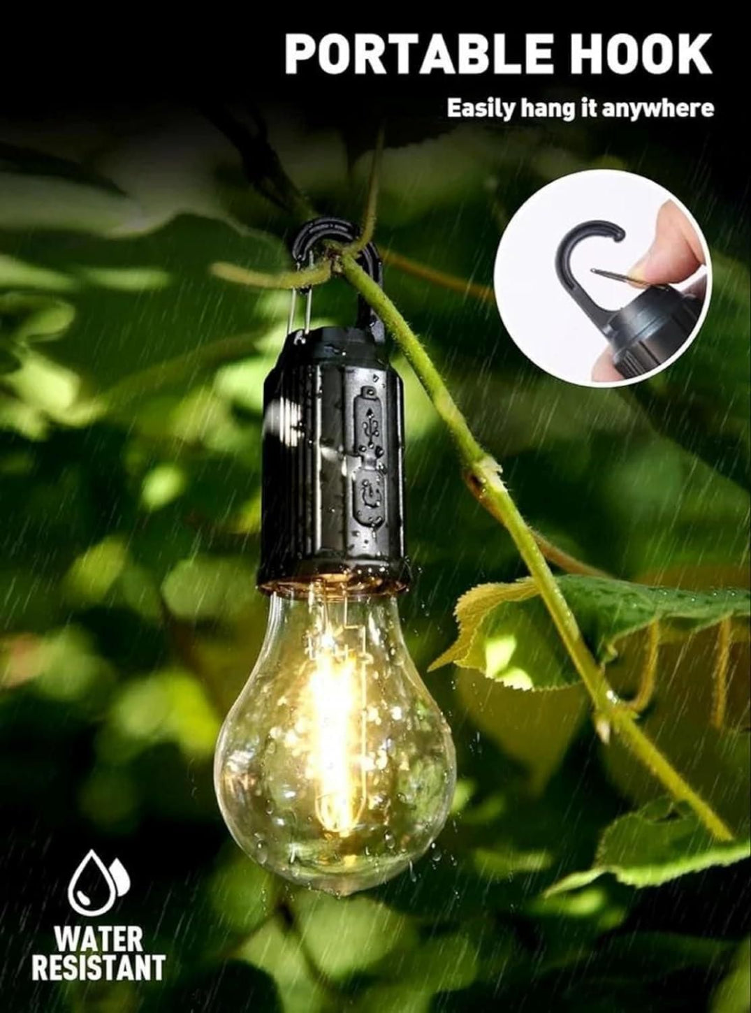 Portable hook hanging a light bulb in a natural setting with water-resistant feature highlighted.