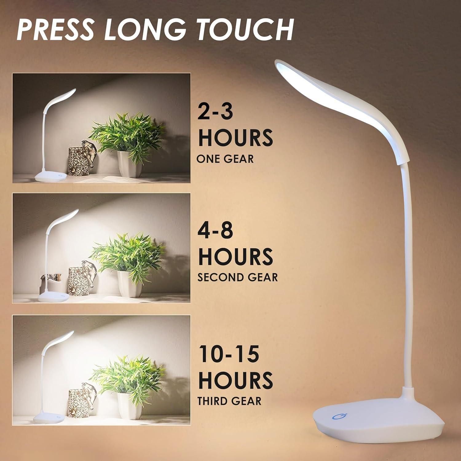 LED desk lamp with adjustable brightness levels on a beige background