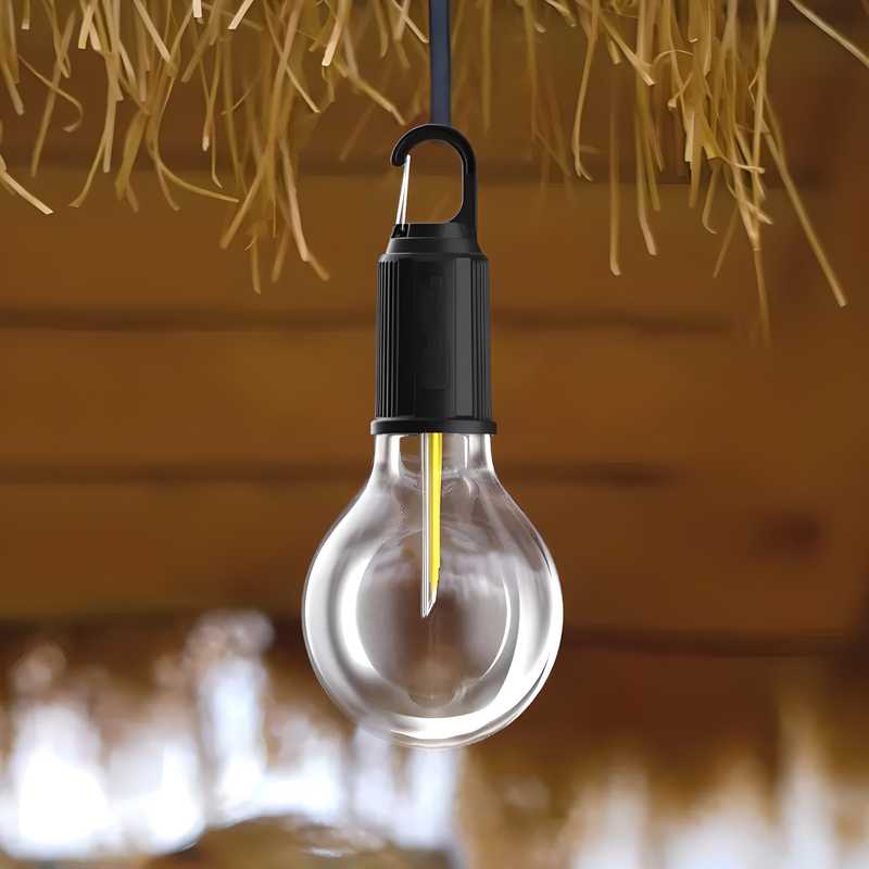 Clear light bulb with black cap hanging against a rustic wooden background