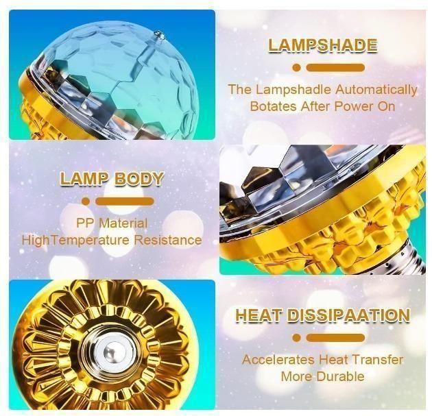 Product features of a lamp with text on lampshade, body, and heat dissipation.