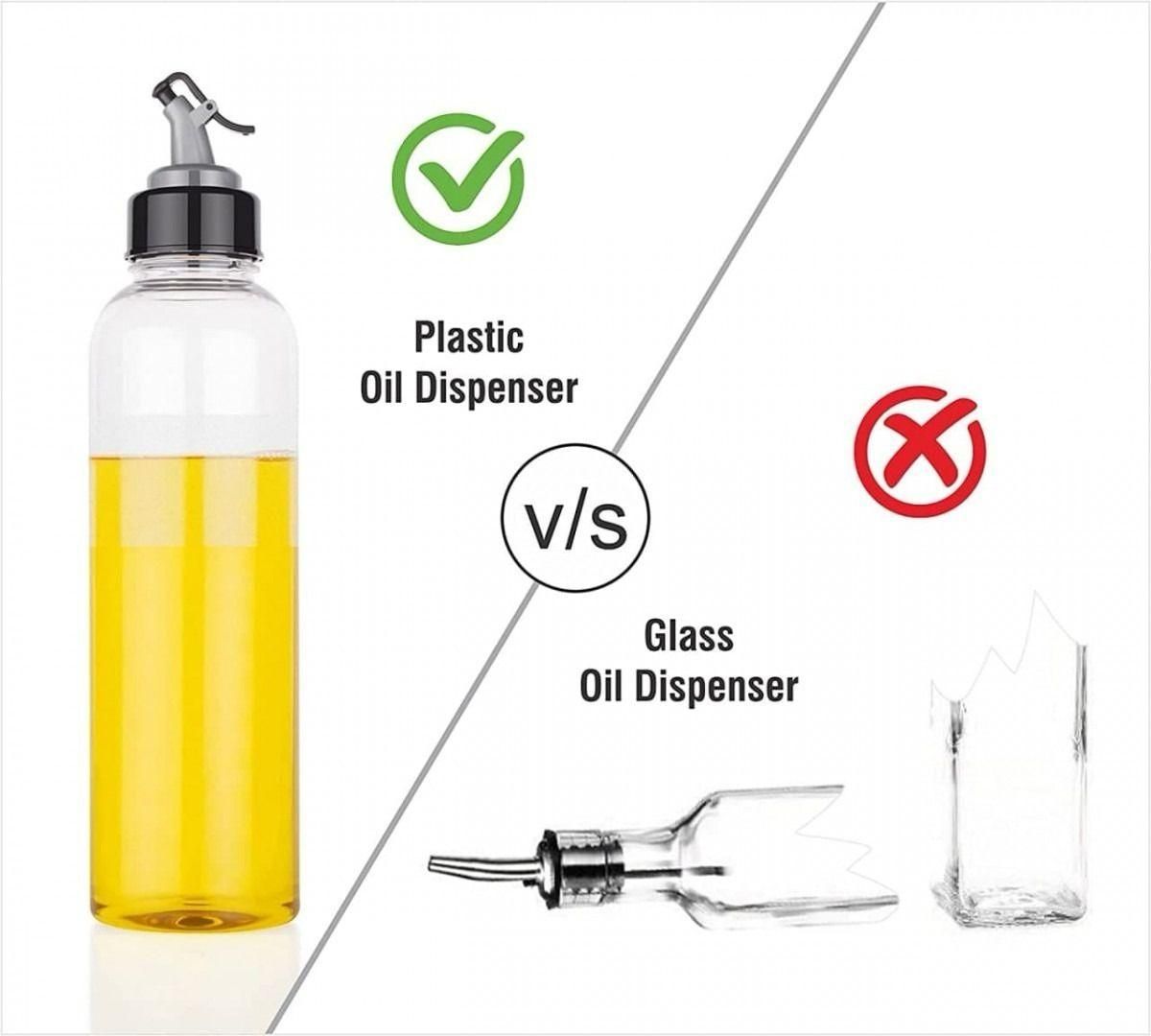 Comparison between plastic and glass oil dispensers with a clear bottle of oil.