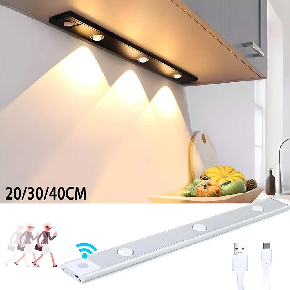 Under-cabinet LED light strip with USB cable and wireless remote control in a kitchen setting.